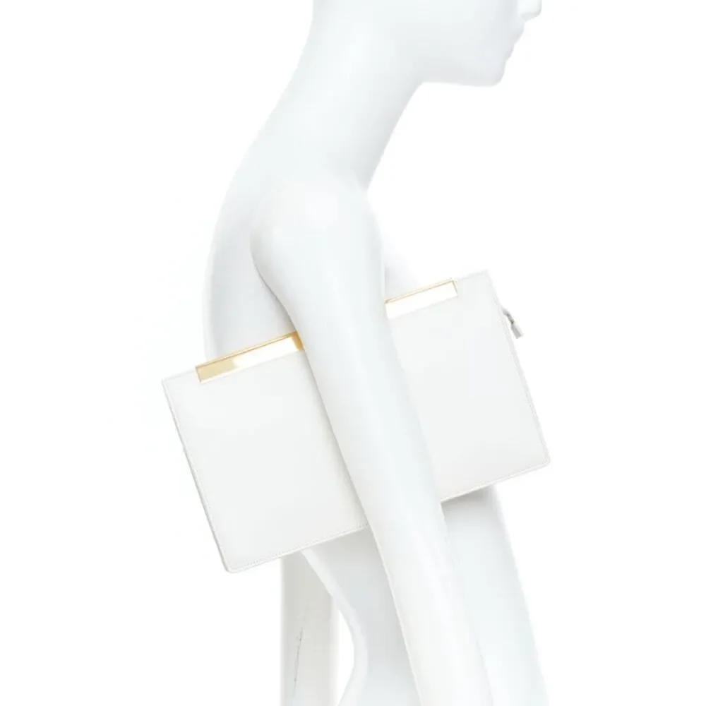 Saint Laurent Lutetia Gold Bar White Leather Clutch Bag